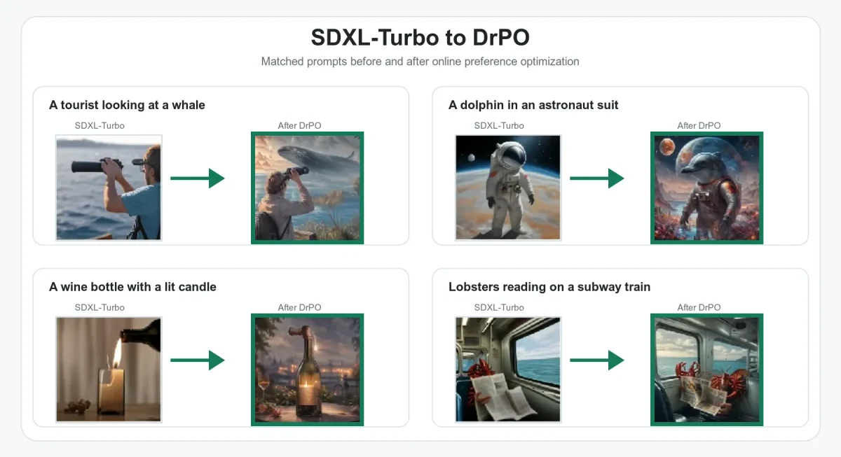 Matched text-to-image prompts before and after DrPO preference optimization of SDXL-Turbo.